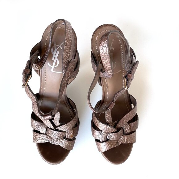 Yves Saint Laurent Bronze Tribute Croc Embossed Platform Leather High Heels Sz 7 - Picture 4 of 11